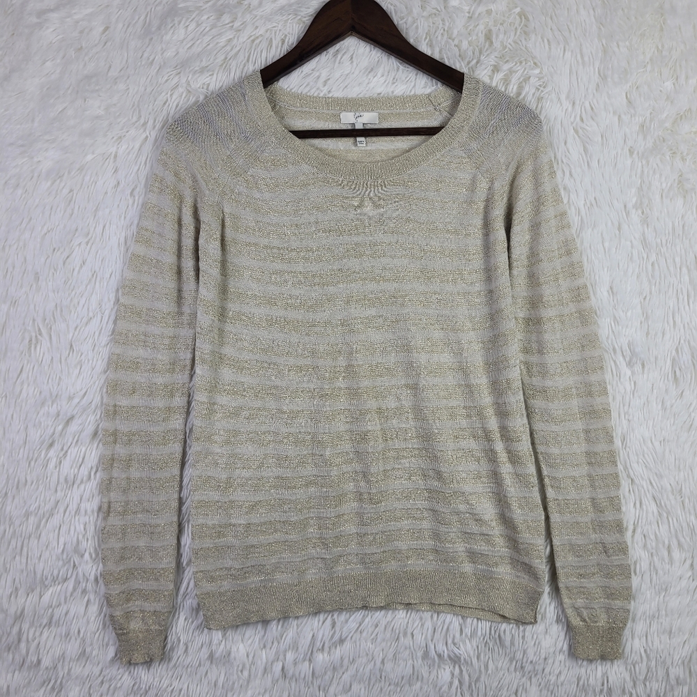 Joie XS Gold Sparkle Stripe Lightweight Sheer Crew Neck Sweater Metallic Holiday
